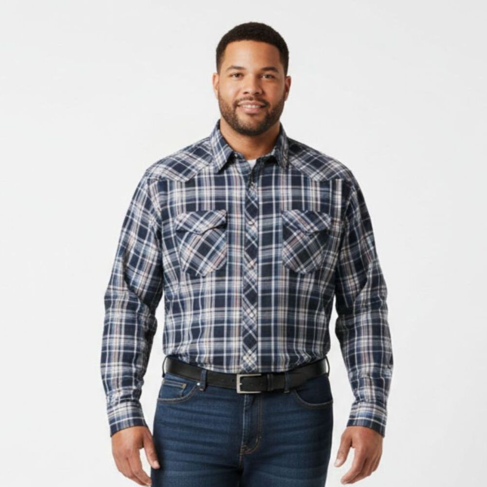 Old Navy Men's Blue Cotton Plaid Long Sleeve Pearl Snap Western Shirt XXXL